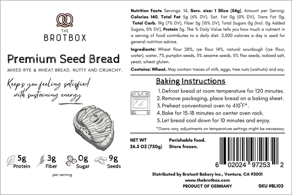 TheBrotBox German Premium Seed Bread Nutrition Facts Label