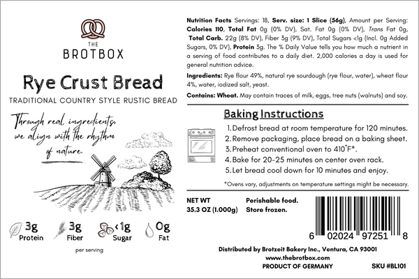 TheBrotBox German Rye Crust Bread Nutrition Facts Label - Wholesome Bakery