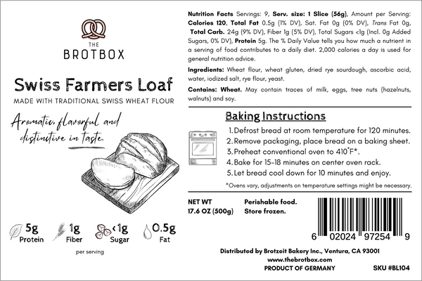 TheBrotBox German Swiss Farmers Loaf Bread Nutrition Facts Label - Wholesome Bakery